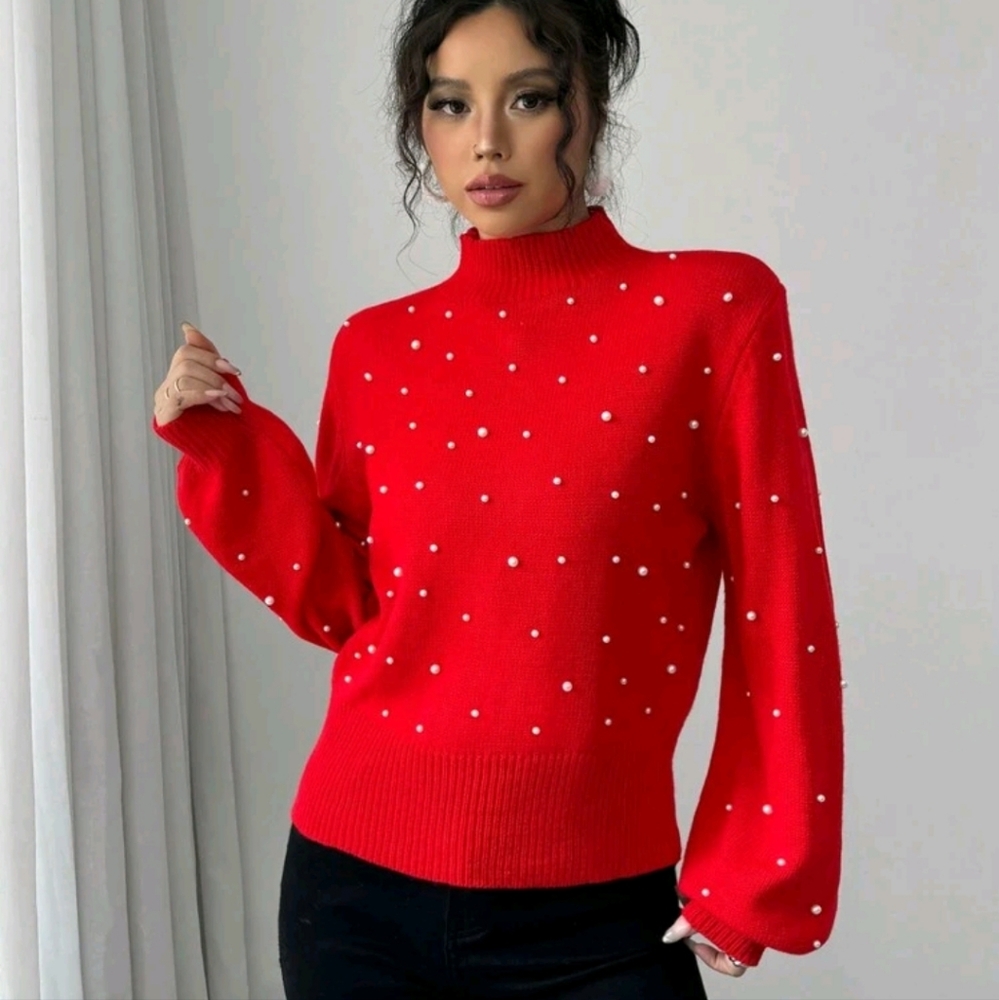 Women's Fashionable Pearl Beaded Turtleneck Drop Shoulder Loose Knit Pullover - Picture 1 of 4